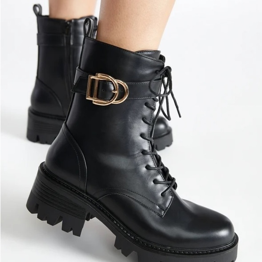 Black Leather Ankle Boots with Gold Buckle